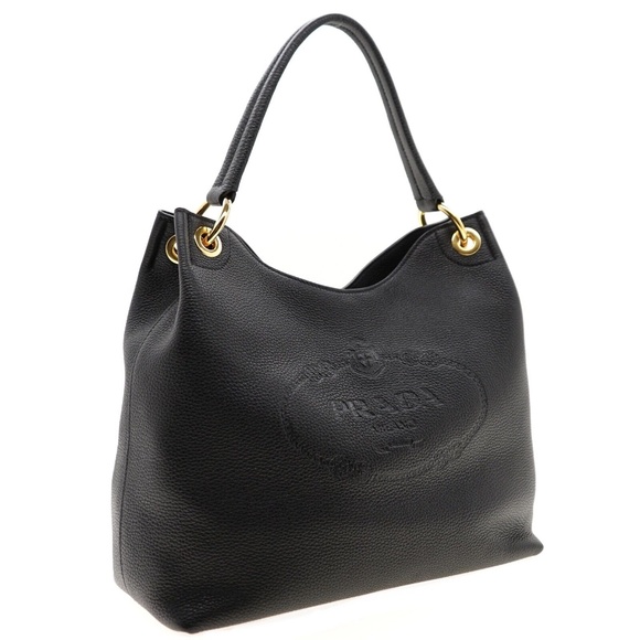 Prada Hobo Shoulder Bag Embossed Logo Vitello Phenix Black Leather New - Picture 1 of 6